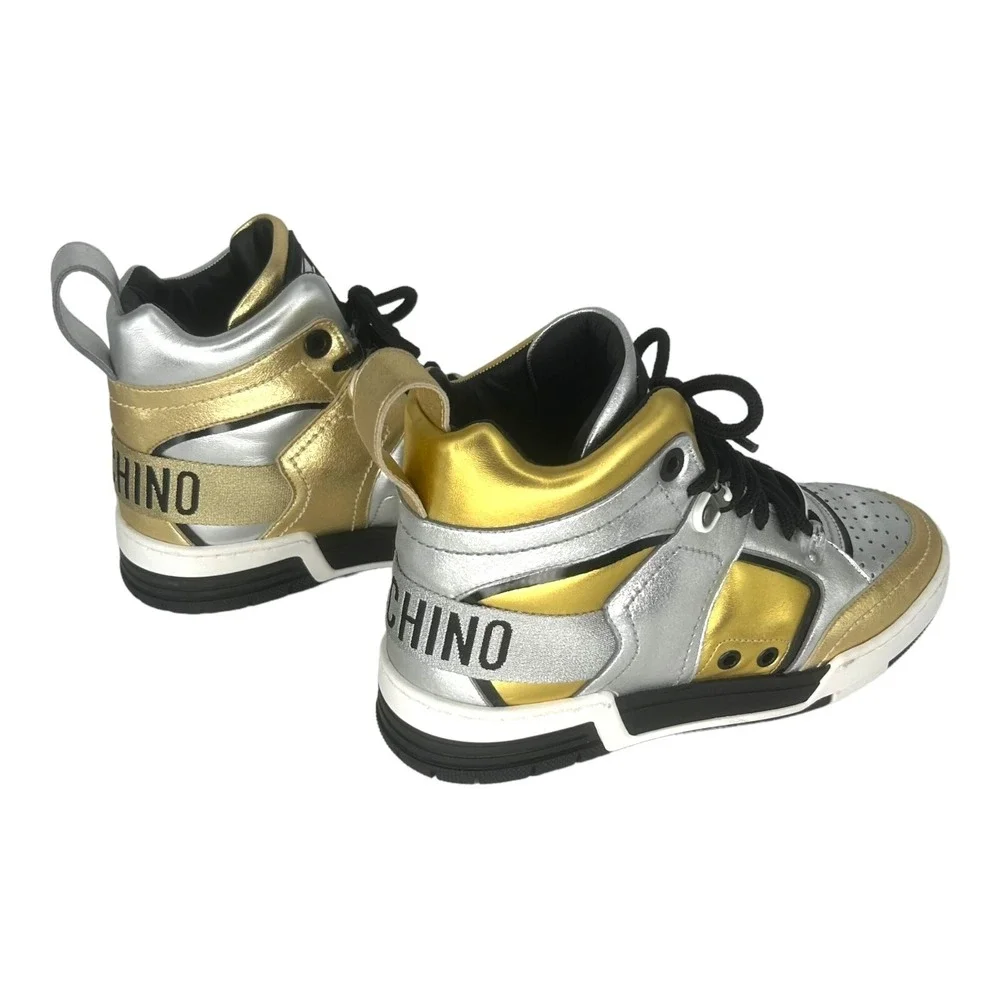 Moschino High Top Sneakers Gold Silver Metallic Leather Made in Italy Size 38